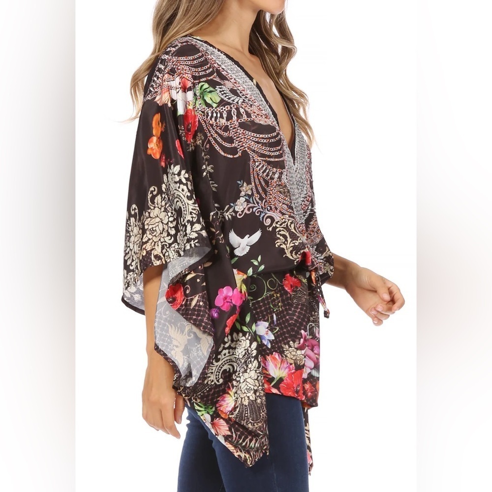 Jessica size M Multicolor Kimono Sleeve Blouse, sheer, drawstring waist cover up
